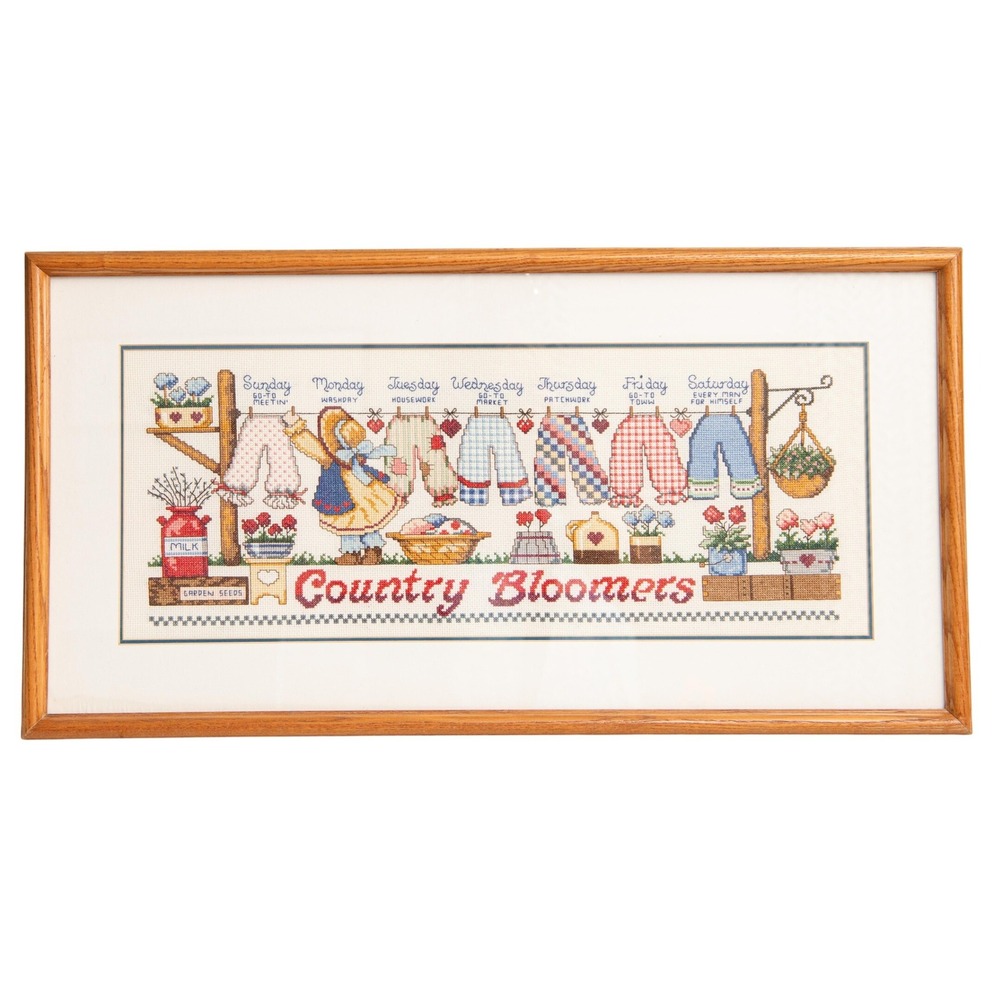 VTG Cross Stitch Wall Art COUNTRY BLOOMER Farmhouse CottageCore 90s Folk Art